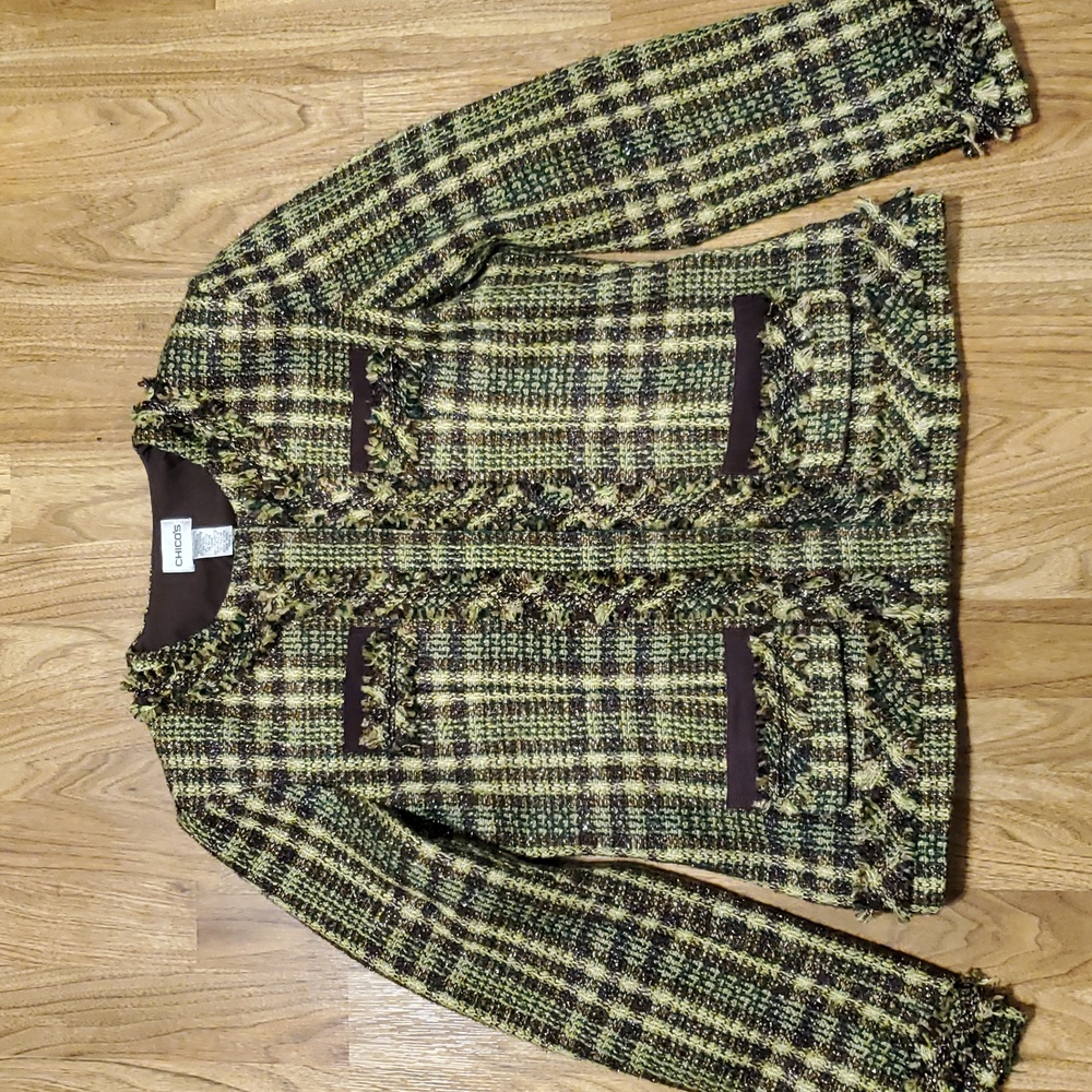 Chicos Plaid Blazer Jacket Metallic Thread Chain Accents Size 0 (Small)